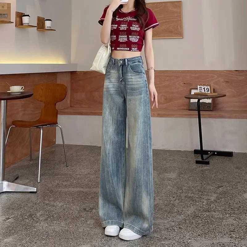 Womens Jeans Wide Leg Straight High Waist Shot Female Cowboy Pants Blue Shiny on Sale Top Selling Teenagers Unique Trousers R250716