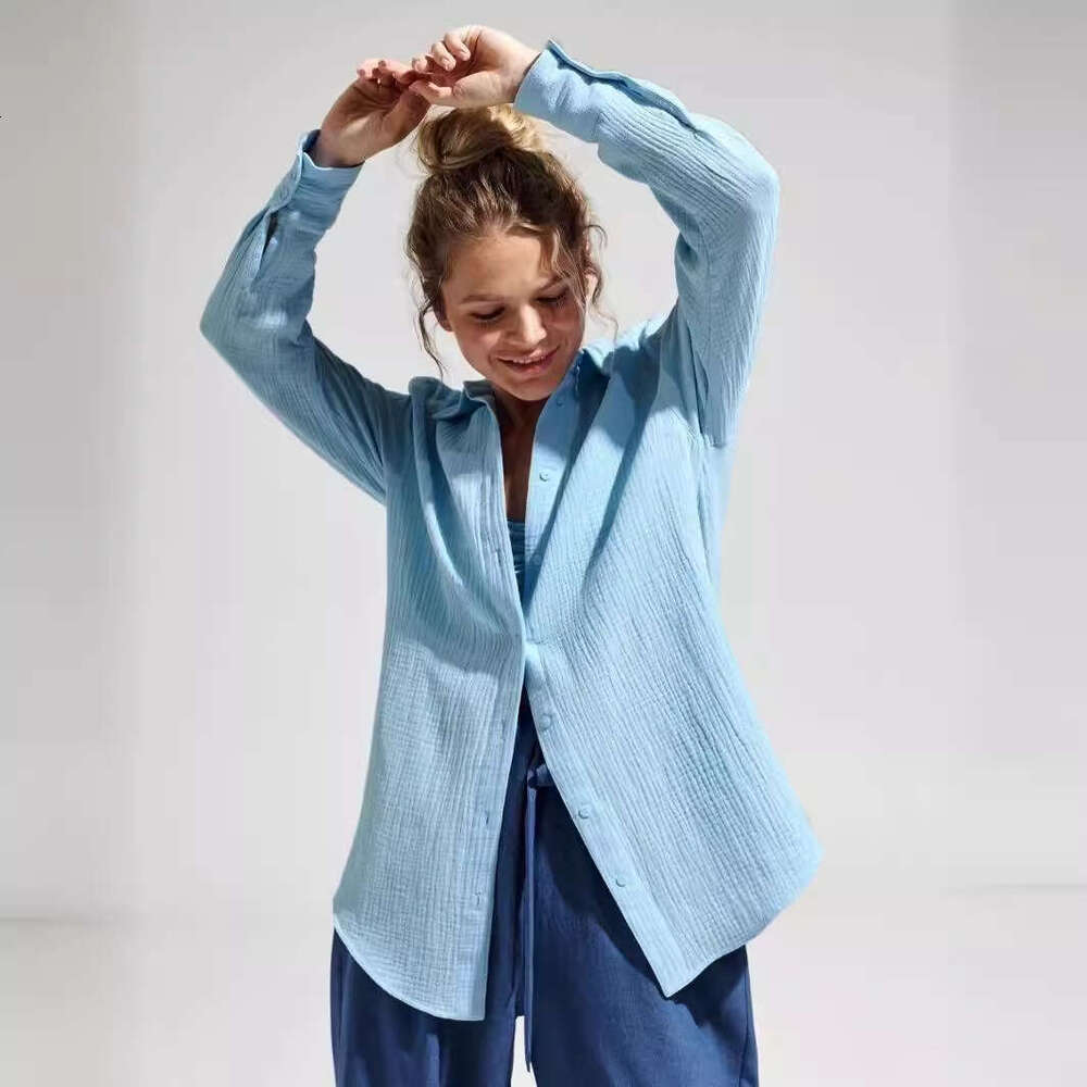 Pure Cotton Crepe Summer New Women's Comfortable Loose Elegant Polo Shirt Blouse B5