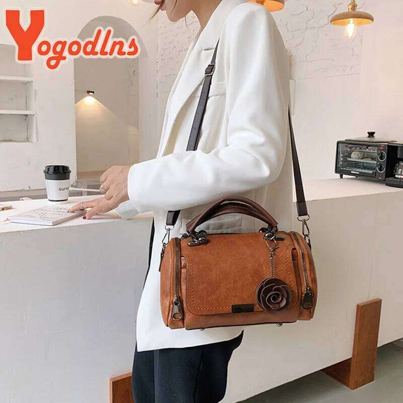 Yogodlns New Flowers Pendant Handbag Women's Fashion Boston Bags Single Shoulder Ladies Crossbody PU Messenger Bag