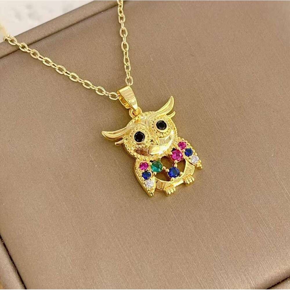 Colorful Zircon Owl Light Necklace For Women Clavicle Chain Jewelry Titanium Steel Accessories 1E1