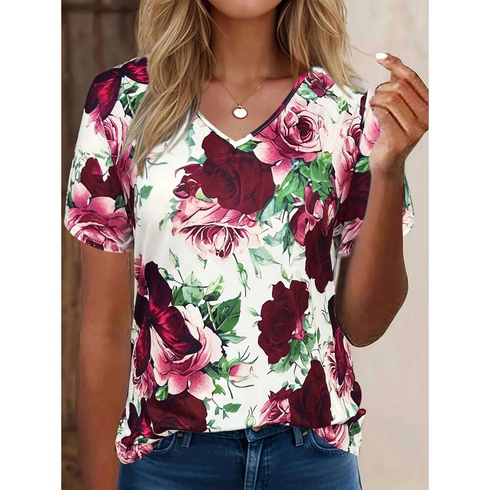 Women Elegant Simple V-Neck Short Sleeve 3D Floral Print Top Summer Casual Ladies T-Shirt Vintage Pullover Tops