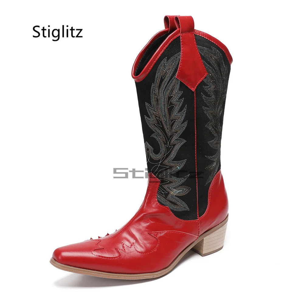 Totem Embroidery Western Cowboy Boots for Men Red Retro Mid-Calf Boots 6Cm Pointed Toes Mens Shoes Genuine Leather Winter Boots 250715