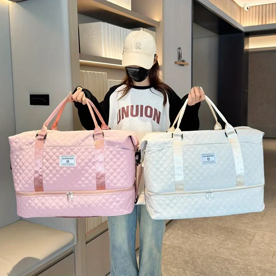 2pcs Set Large Capacity Travel Duffel Bag with Shoe Compartment and Cosmetic Pouch Casual Nylon Gym Bag Weekend Overnight Bag 250714