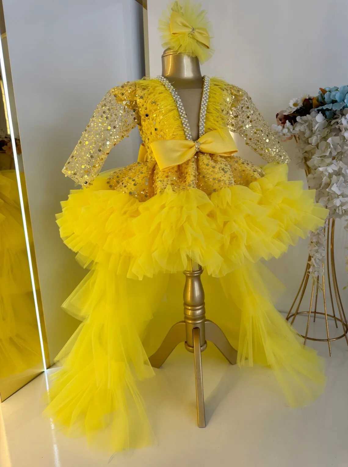 Dusty Pink Birthday Princess Feather Tulle Pageant Dress Glitter Flower Girl Dress Party Bow Formal Prom Gowns with Long Train Z250716