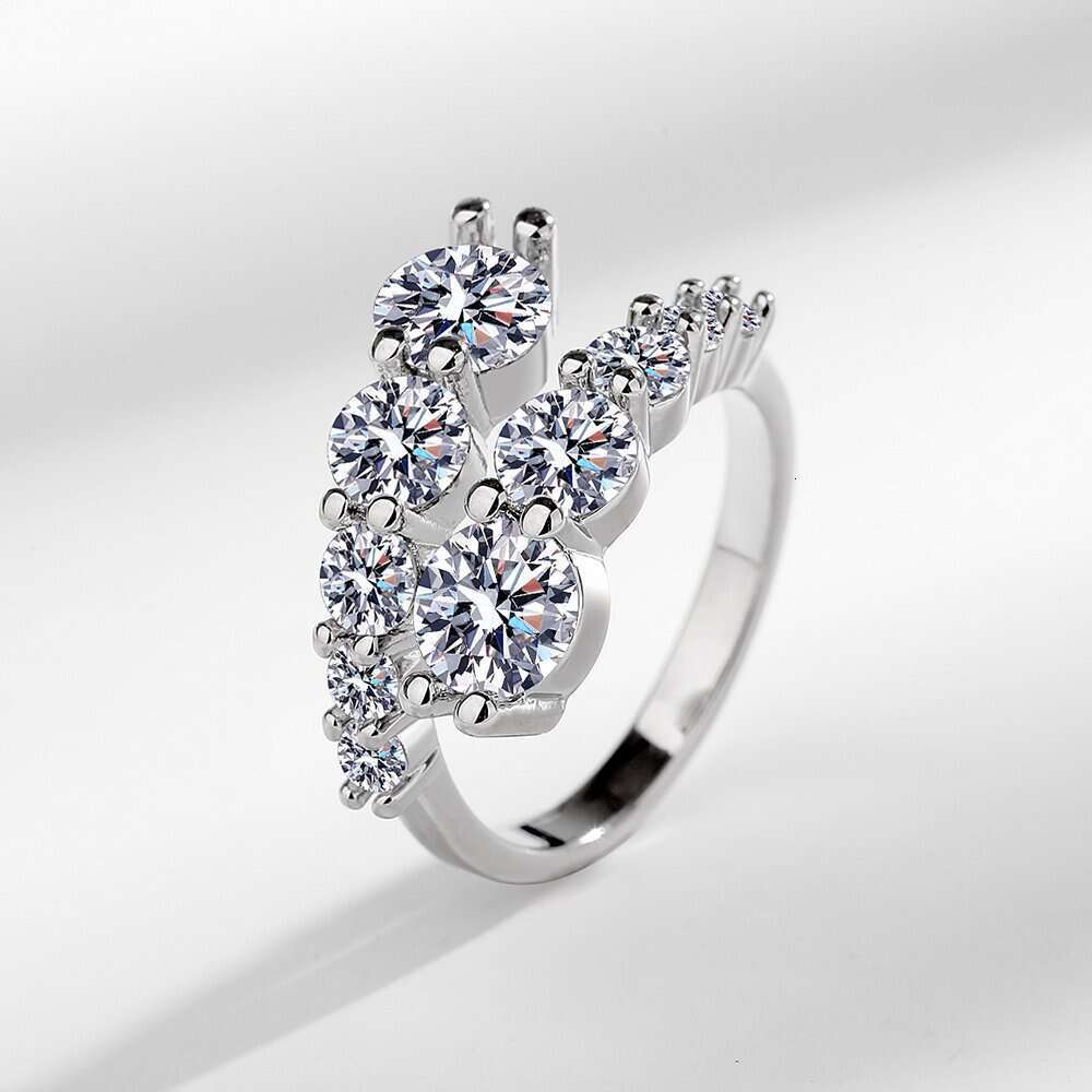 INS Light Luxury Platinum-Plated Diamond Moissanite Double Row Inlaid Open Proposal Women's Index Finger Ring 4ac