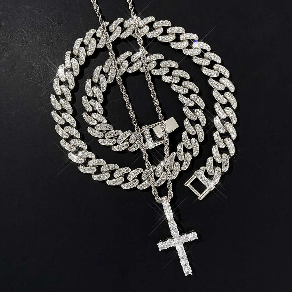 Full Dia Cross Pendant Fashion Creative Hip Hop Trend Alloy Cuban Chain Trendy Necklace Layering Set