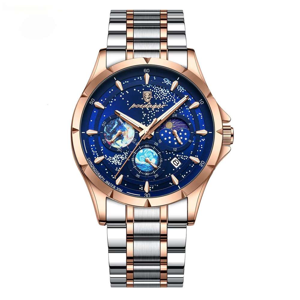 DHwatches Men's Multifunction Sports Watch - 50M Waterproof Stainless Steel Chronograph with Moon Phase & Date (Model 916)