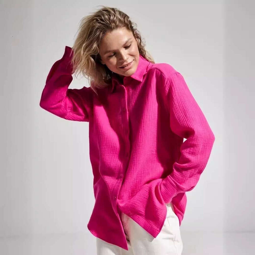 Pure Cotton Crepe Summer New Women's Comfortable Loose Elegant Polo Shirt Blouse B5