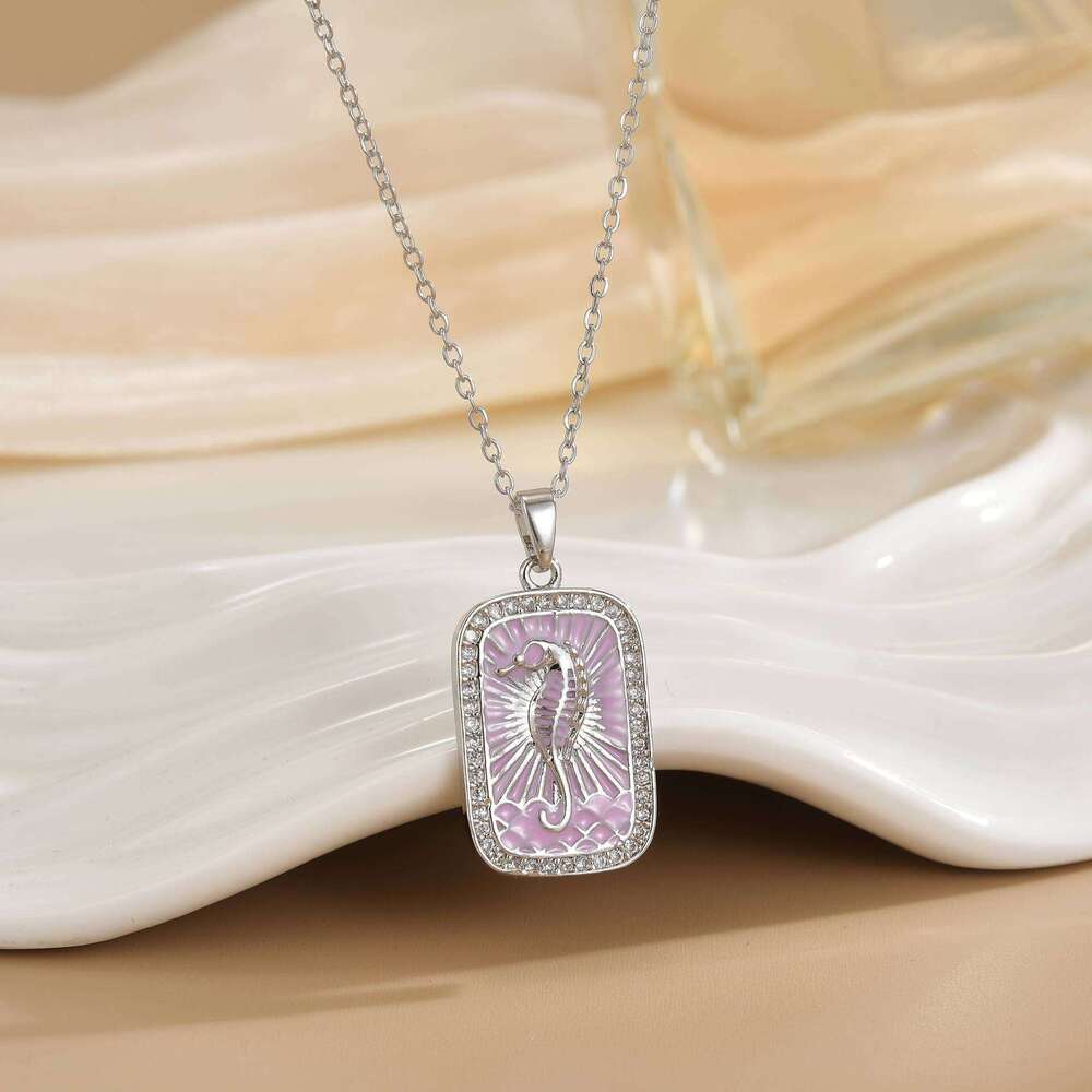 Vacation Style Colorful Tarot Card Necklace Square Inlaid Zircon Pendant Seahorse Dolphin Palm Tree Marine Life Clavicle Chain For Women F38