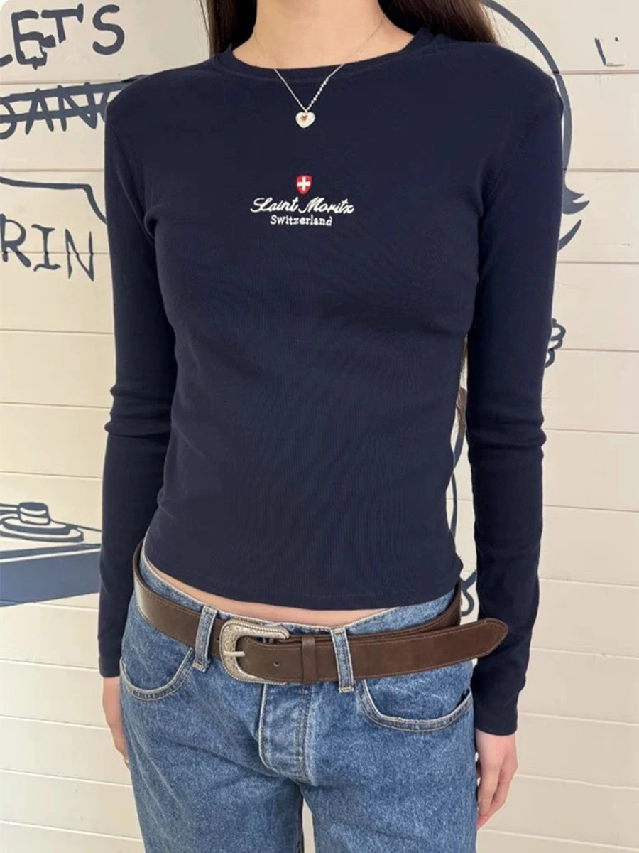 Letter Embroidery Long Sleeve T-shirt Woman Autumn Round Neck Cotton Slim Tee Shirt Navy Vintage Streetwear Sweet Tshirt Y2k Top 250717
