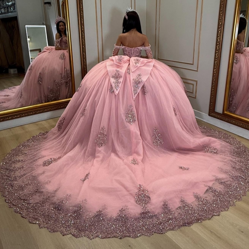 Pink Shiny Quinceanera Dresses Ball Gown Off The Shoulder Applique Lace Beads Bow Tull Party Birthday Sweet 16 Dress Vestidos De 15 Anos