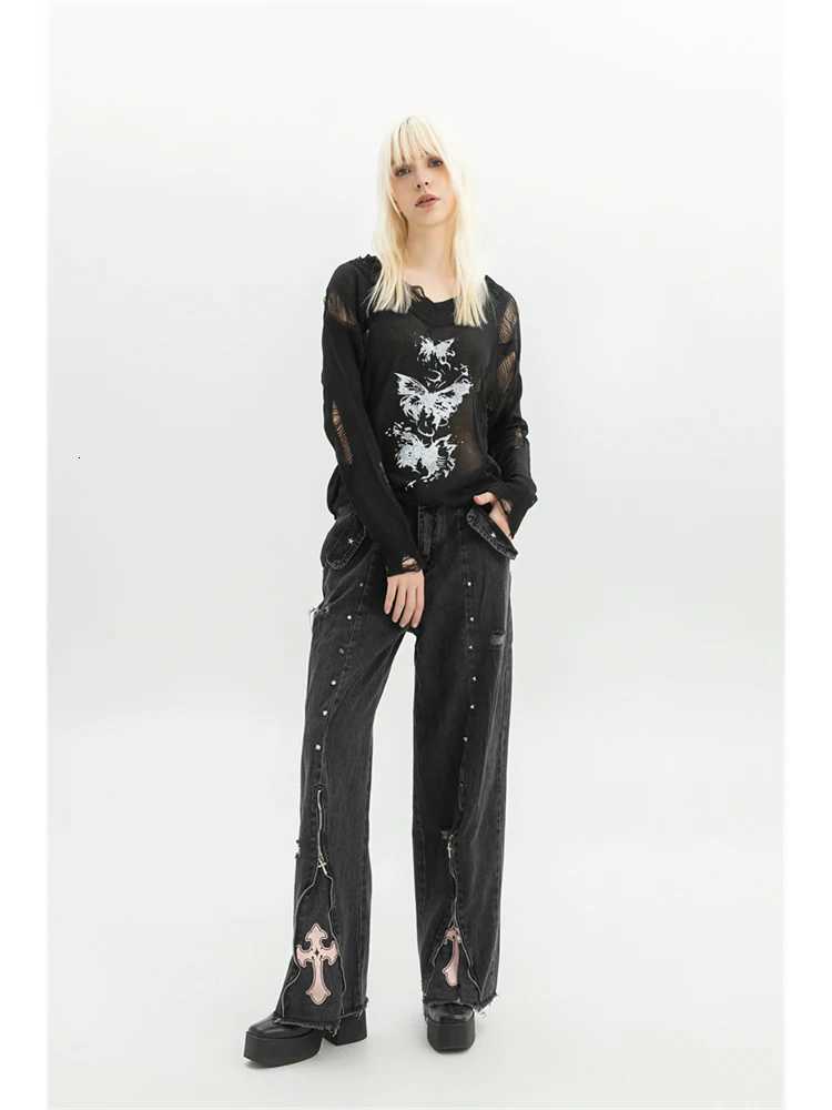 Women Clothing Black Gothic Jeans 90s Aesthetic Y2k Oversize Denim Trousers Vintage Harajuku Korean Emo 2000s Trashy Jean Pants R250716