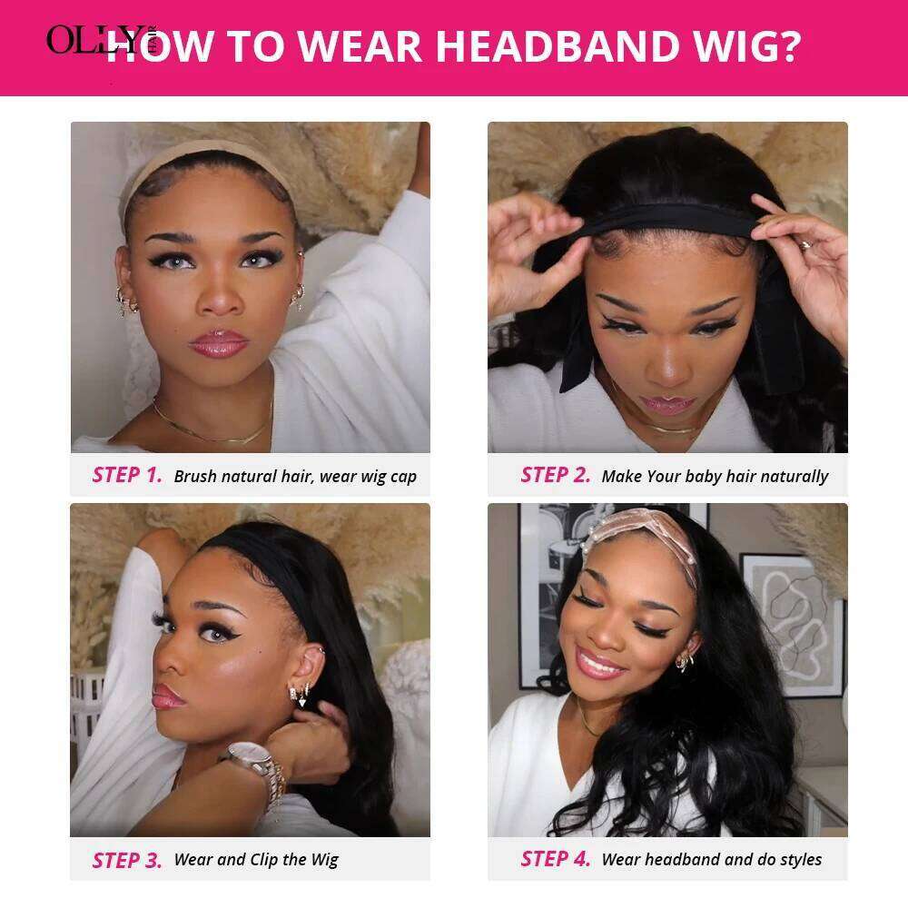 Headband 30 Inch Body Wave Wig 250 Density Remy Human Hair None Lace Front Wigs Full hine Made 100% Real