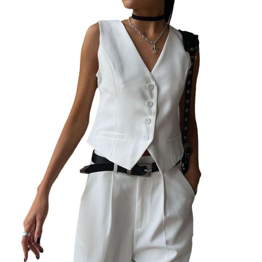 Vest And Spring Summer V-Neck Single-Breasted Waistcoat + Straight-Leg Suit Shorts Set B5