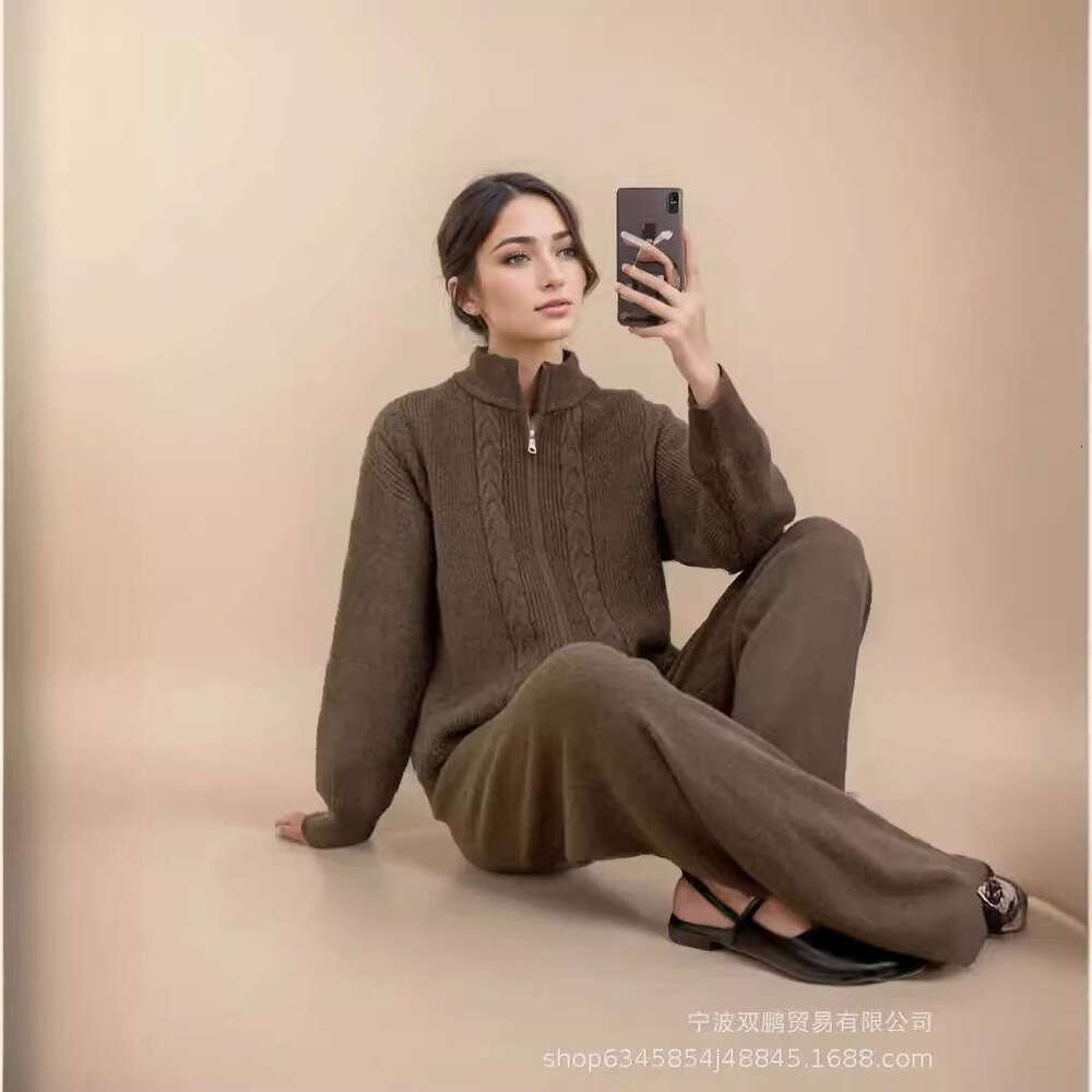 Autumn Winter New Loose Knitted Suit For Women With Zipper Cardigan Sweater + Wide-Leg Pants B5