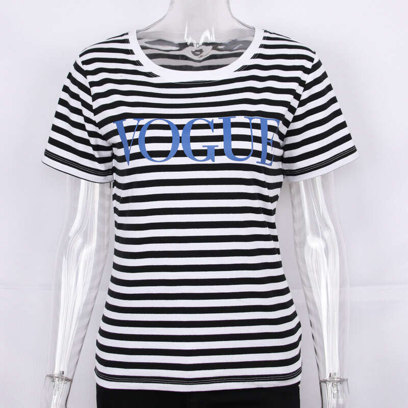 Spring Summer New Printed Striped Cotton Short Sleeve T-Shirt Women's Style Soft Loose Top Vogue B5