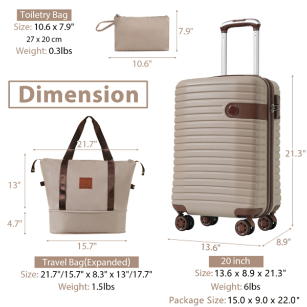3-Piece Luggage Set: 20-Inch Carry - on Luggage, Airline Approved, Lightweight Hardshell ABS Suitcases with Wheels and TSA Lock Retractable pull rod T
