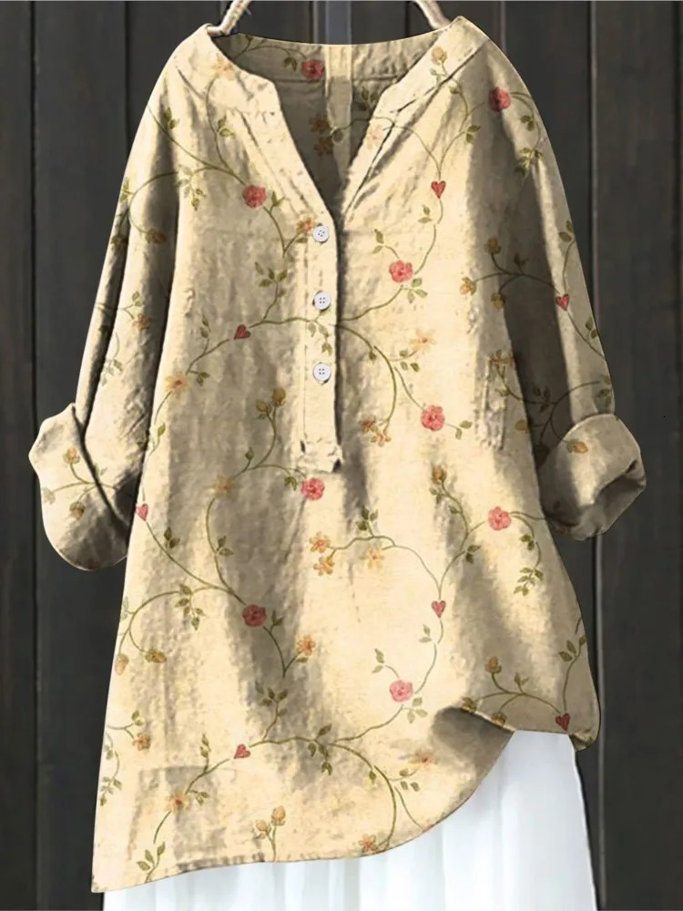 Womens Autumn Winter Fashion Printed Button Up Shirt Long Sleeved Bamboo Linen Casual Comfortable Top 250715