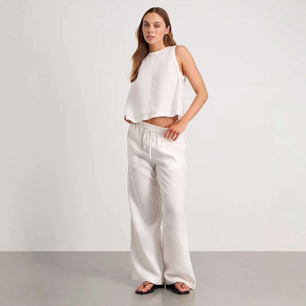 Cotton Linen And Spring Summer New Wide-Leg Pants Sleeveless Vest Casual Set For Women B5