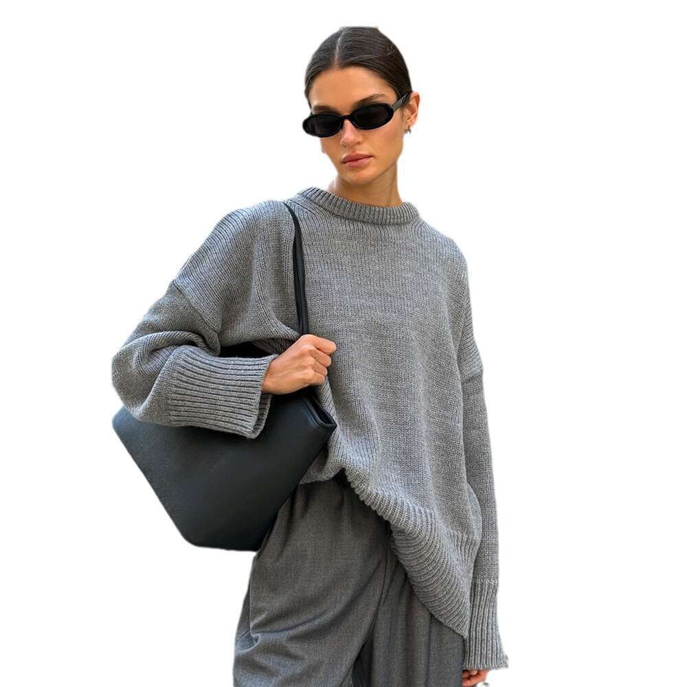 Autumn Winter New Solid Color Versatile Casual Lazy Pullover Knitted Round Neck Sweater B5