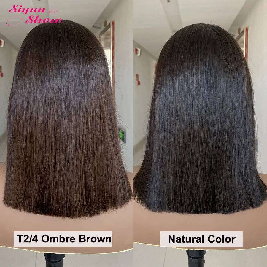 Raw Vieamese Bone Straight Wigs Double Drawn Short Bob Human Hair Pre Plucked HD Transparent Lace Frontal Wig Ombre Brown
