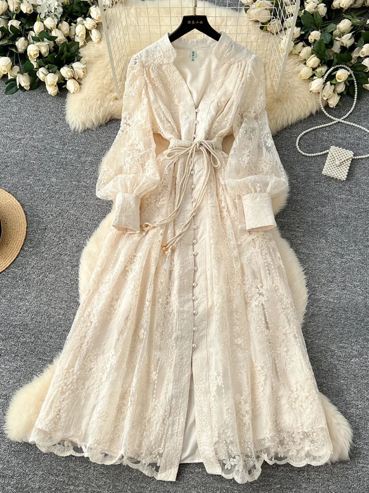 Spring Autumn French High-end Womens Dress Lace Embroidery V-neck Lantern Sleeves Single Breasted Party Birthday Dress C192 250716