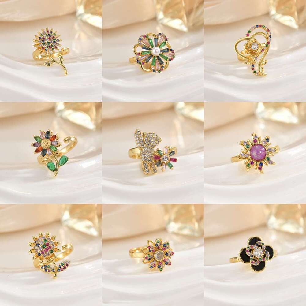 Real Gold Color Retention Lucky Clover Korean Style Inlaid Diamond Fortune Rotating Fashion Adjustable Open Ring D53