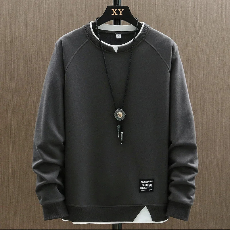 2025 Mens Casual Sweatshirts Harajuku Solid Color Fashion Fake Two Pieces O-Neck Sweatshirt Hoodies Hip Hop Male Streetwear 250707