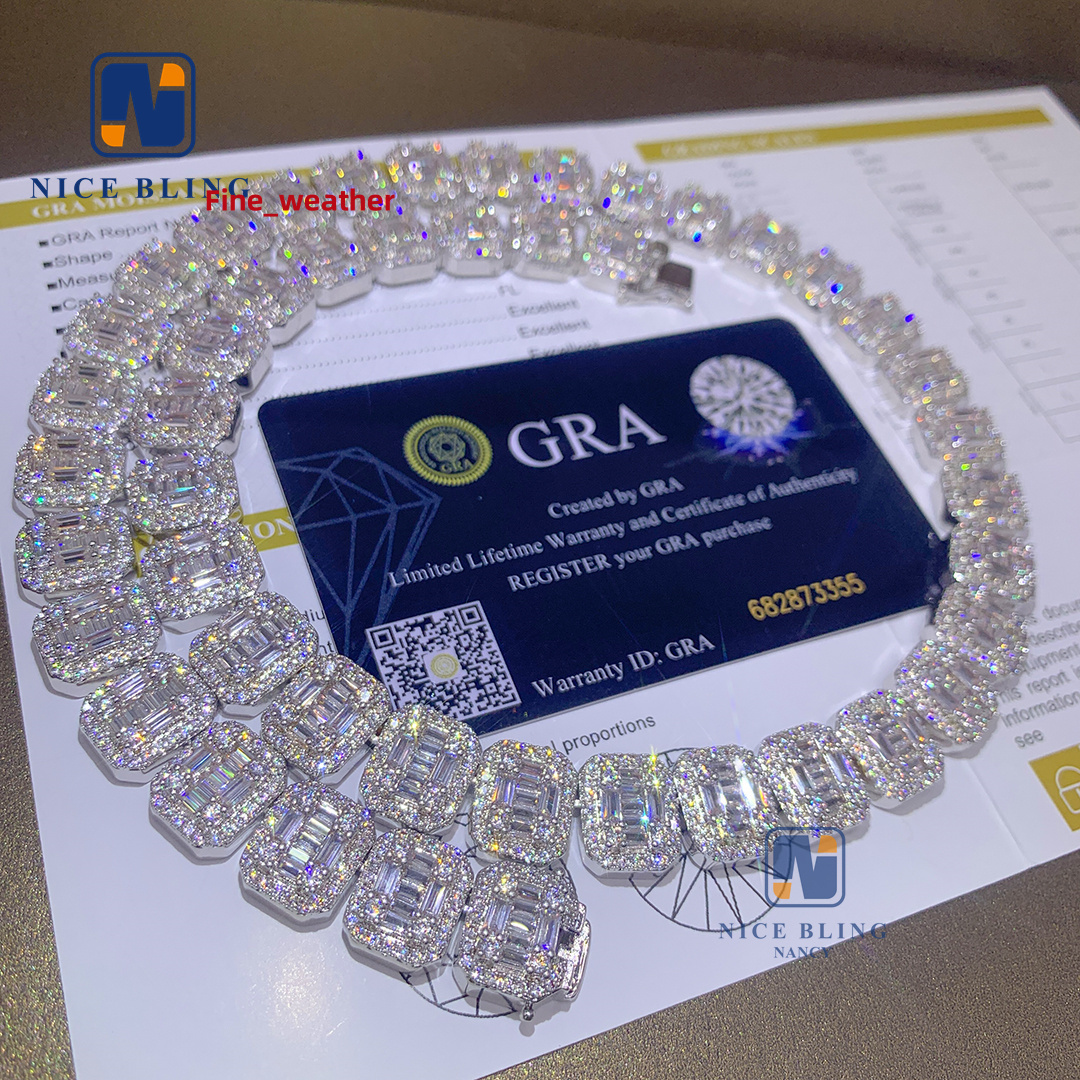 Full Moissanite Diamonds 925 Sterling Silver Cuban Link Necklace VVS baguette Moissanite Iced Out Jewelry