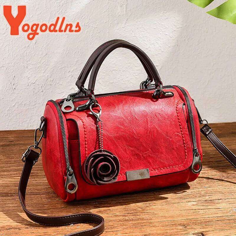 Yogodlns New Flowers Pendant Handbag Women's Fashion Boston Bags Single Shoulder Ladies Crossbody PU Messenger Bag
