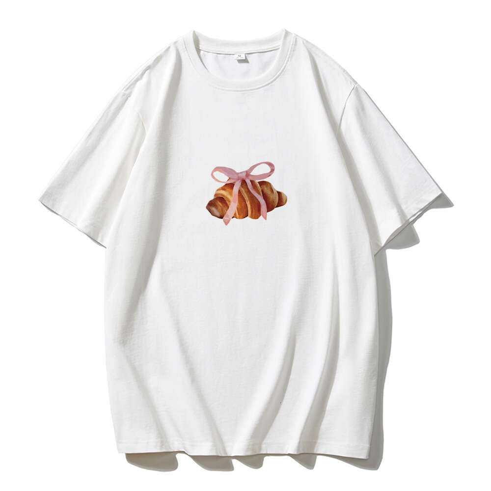Simple Bowknot Print T-Shirt For Women Summer Versatile Loose Round Neck Pure Cotton Short Sleeve B5