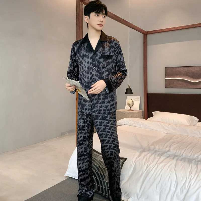 Mens Pajamas Spring Summer Thin Ice Silk Luxurious Loose Fitting Home Wear Suit Male Satin Pajamas Set Night Sleep-Suit Gentlemen W250717