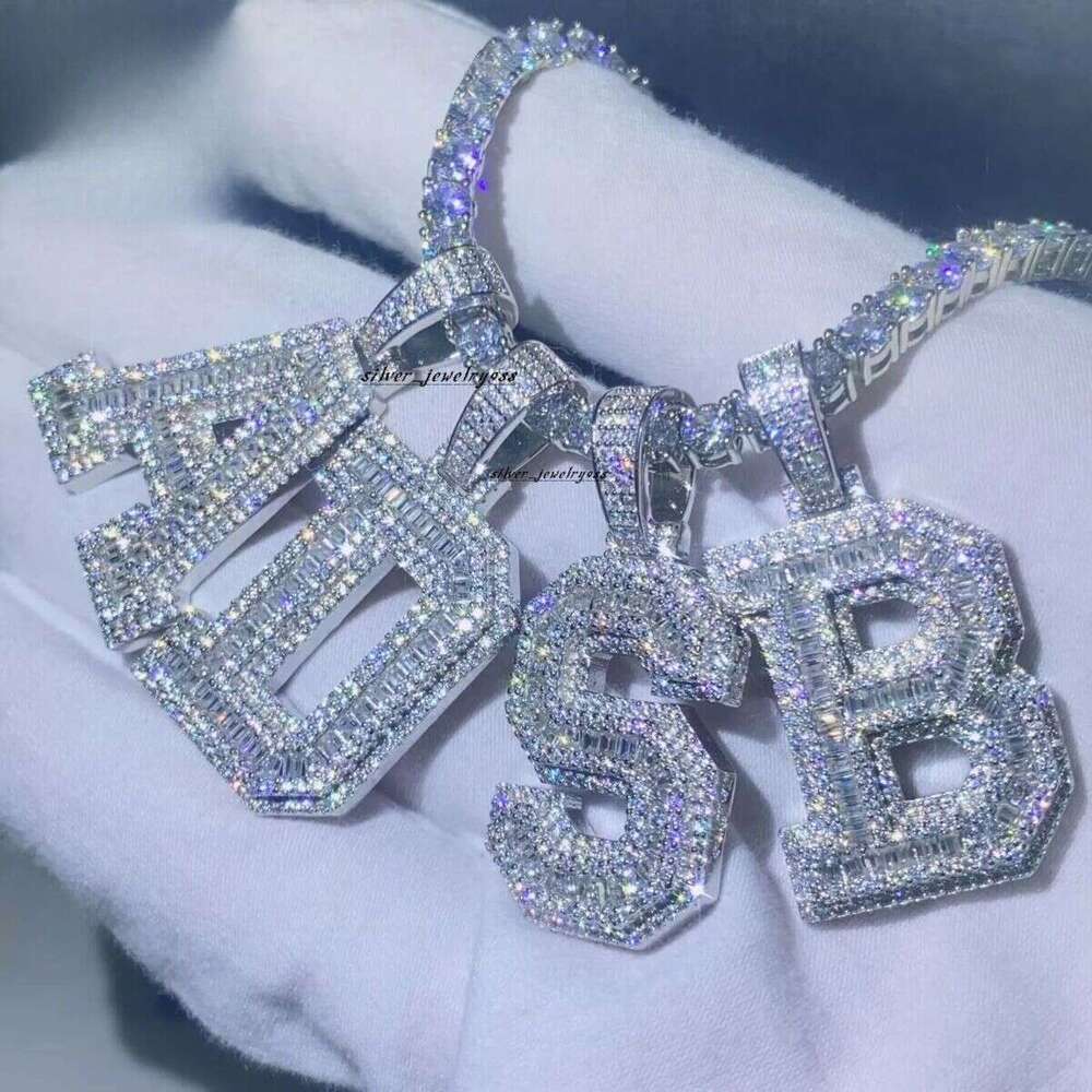 Jewelry Vvs Dia Iced Out Hip Hop Gold Plated baguette Moissanite Letter Pendant Necklace