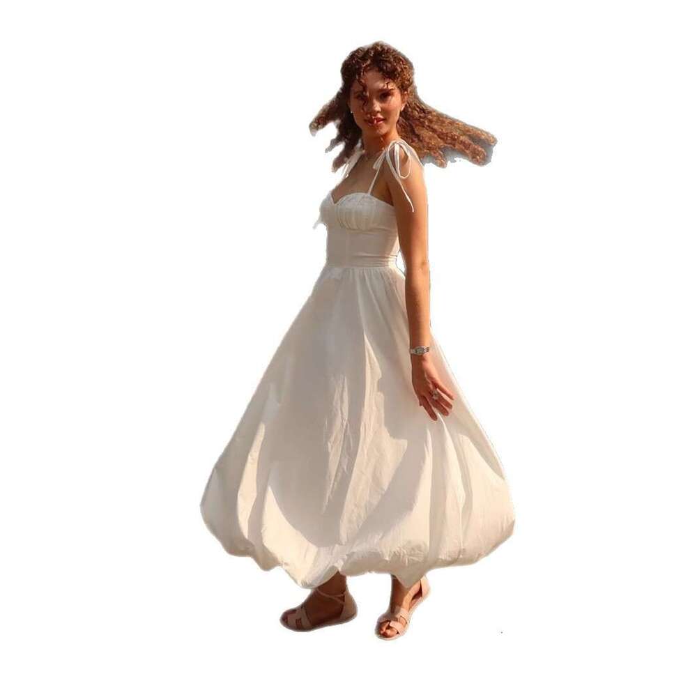 Strap Balloon Summer Waist-Cinching Puff Sleeve Large Swing Pure Cotton Dress For Women B5