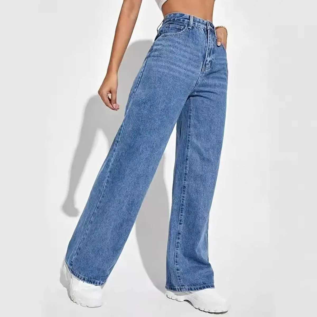 Fashion Retro Blue Jeans Women Y2K High Street Baggy Straight Pants High Waisted All-in-One Slim Pants R250716