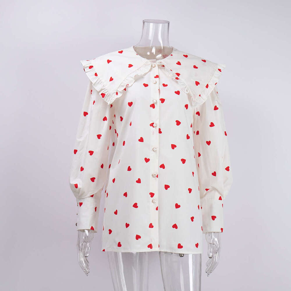 Summer New Red Heart Print Doll Collar Lantern Sleeve Shirt B5