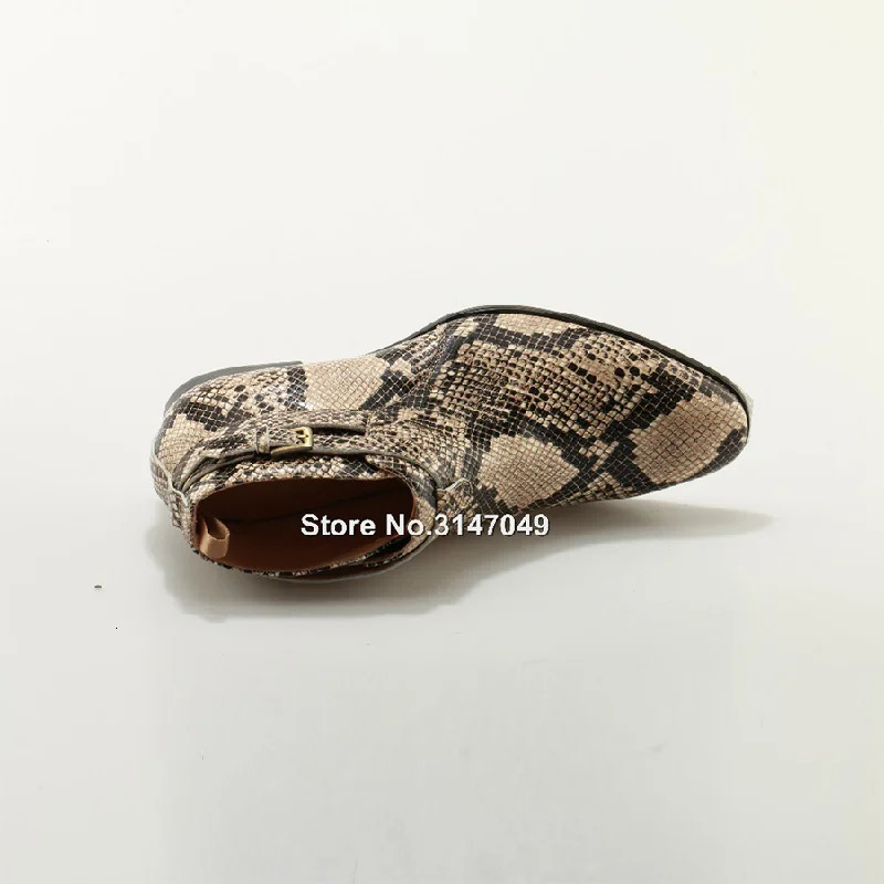 Fashion Embossed Python Leather Buckle Strap Men Ankle Boots Snakeskin Flat Heels Runways Cowboy Riding Boots Chelsea Boots 250715
