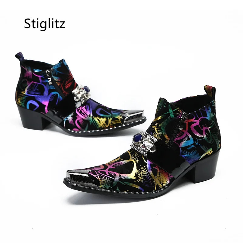 Graffiti Ankle Boots for Men Pearl Metal Decor High Heels Leather Western Mens Boots Zip Street Style Man Shoes High Quality 250715