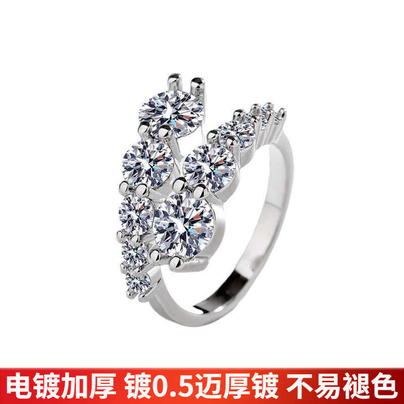 INS Light Luxury Platinum-Plated Diamond Moissanite Double Row Inlaid Open Proposal Women's Index Finger Ring 4ac