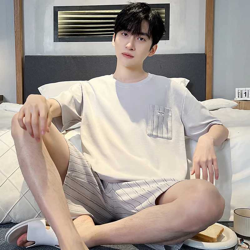 00% Cotton Mens Pajamas Set Sleepwear Summer Loungewear Cotton Mens Pajama Short Sleeves Homewear Gentleman Minimalist Pajamas W250717