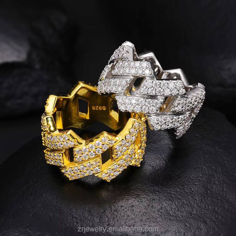 Fashion Mens Hip-Hop S925 Sterling Silver Gold Plated Rhombus Diamond Ring Fashion Micro-Inlaid Moissanite Ring for Men