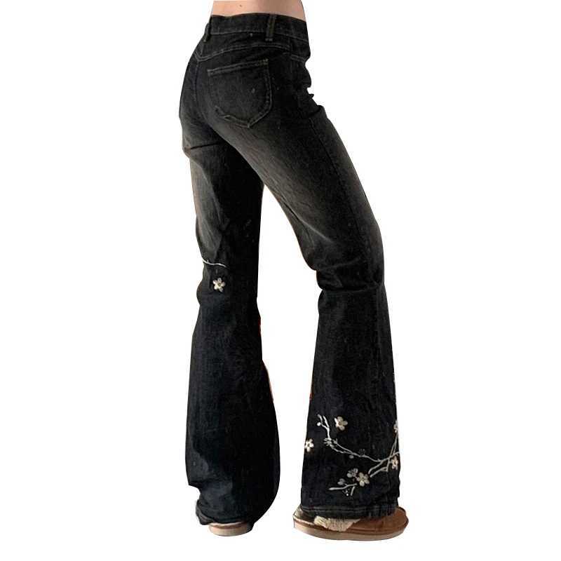 HEYounGIRL Y2K Plant Embroidery Flare Jeans Streetwear Vintage Fashion Women Slim Denim Trousers Grunge Harajuku Pants Outfits R250716