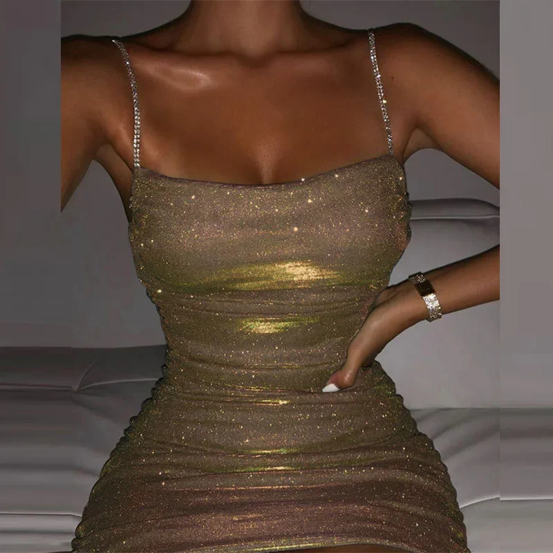 Sexy Slash Neck Shiny Pleated Party Dress Women Fashion Elegant Backless Rhinestone Sling Mini Dresses Lady Chic Mujer 250715