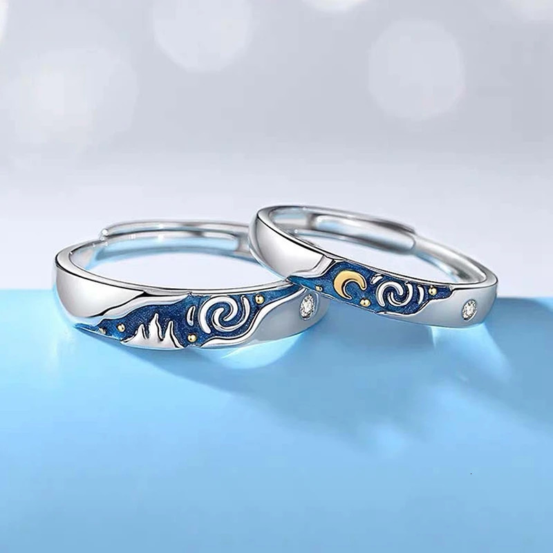 2 PCSSet Couple Rings For Women Sun Moon Dolphin Wings Electrocardiogram Cross Matching Jewelry Finger Open Ring 250704