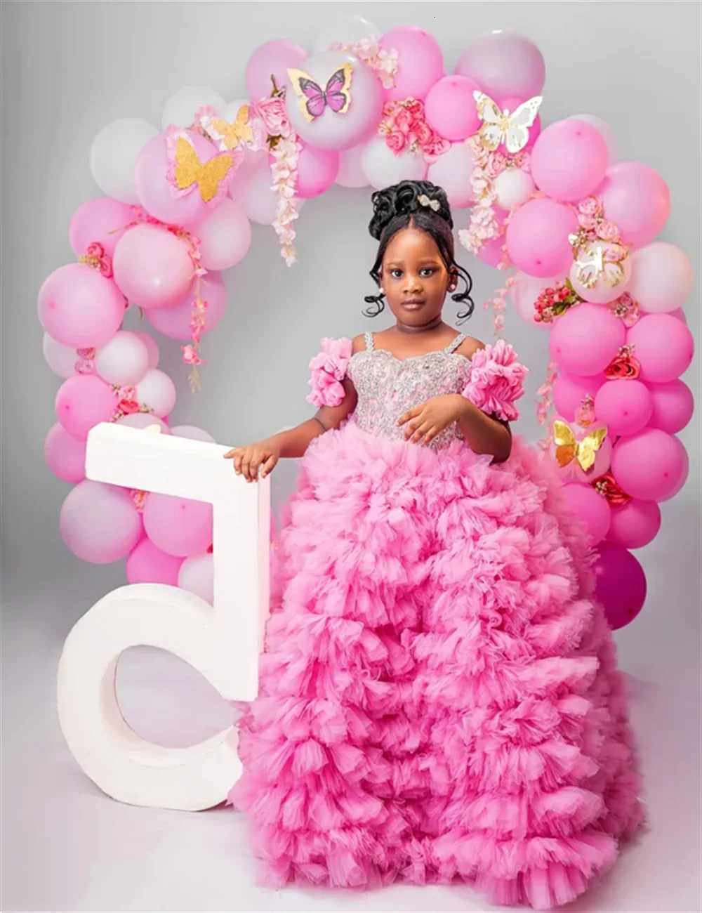Customized RufflesThin Flower Girl Princess Dress Bow Pink Crystals Rhinestones Beads Pageant Thin Shoulder Strap Cute Birthday Z250716