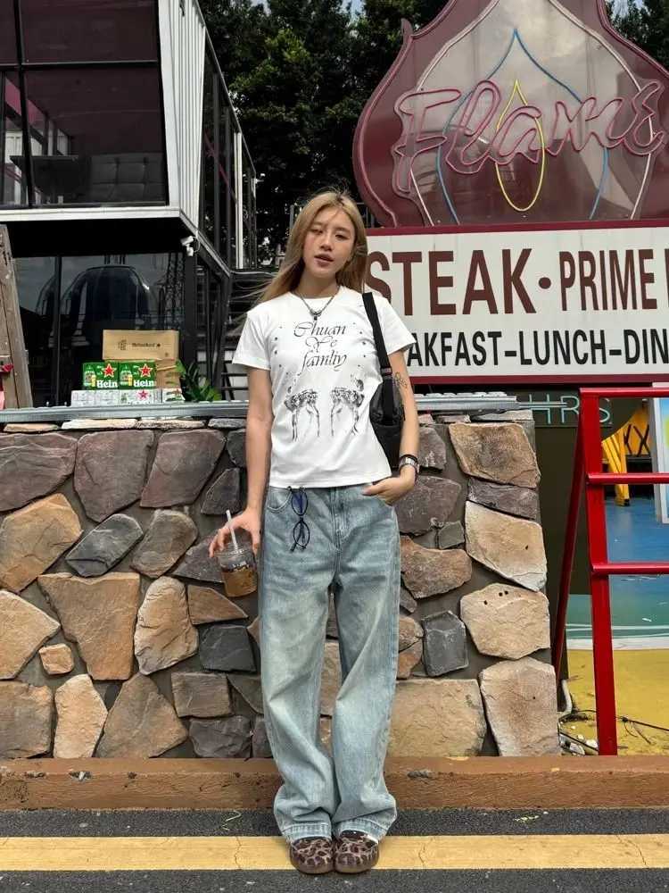 Wash Retro Light Blue Neutral Denim Trousers Womens Summer Cool Girl Pants Vintage Bottoms Female High Waist Wide-leg Jeans R250716