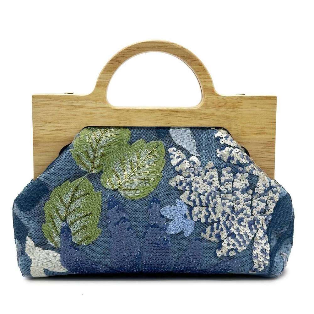 Fashion Embroidered Sequins Women Handbags Wooden Handle Chain Shoulder Crossbody Shinny Summer Beach Bag Party Clucth Purse
