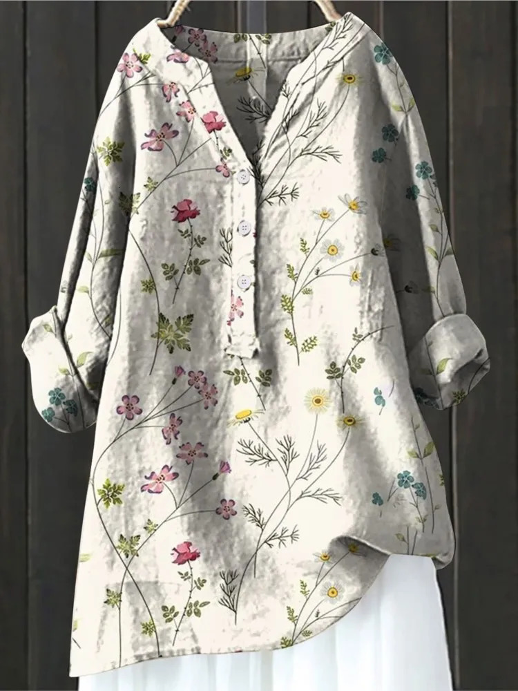 Womens Autumn Winter Fashion Printed Button Up Shirt Long Sleeved Bamboo Linen Casual Comfortable Top 250715