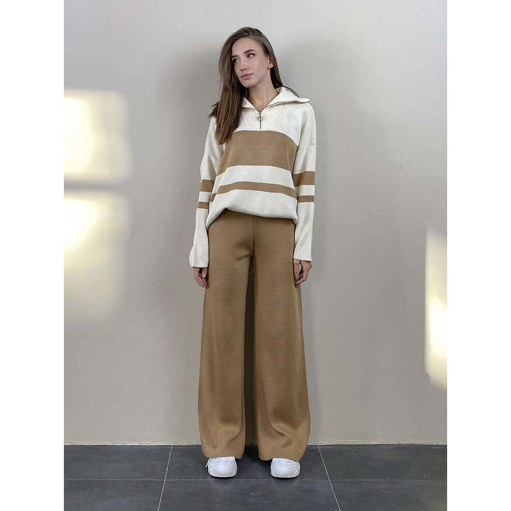 Style Loose Sweater For Women Thickened Autumn Winter Solid Color Zipper Top And Leg Pants Casual Two-Piece Set B5