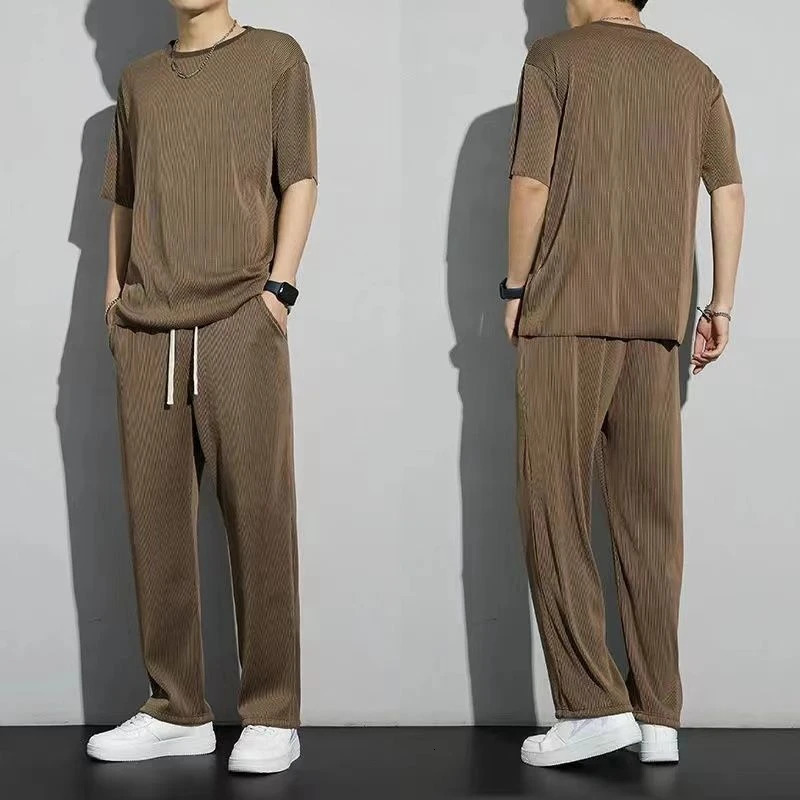 Ice Silk Sports Suit Mens Summer Thin Casual Long Trousers Short-sleeved T-shirt Ins Quick-drying Drooping Clothes Set 250715